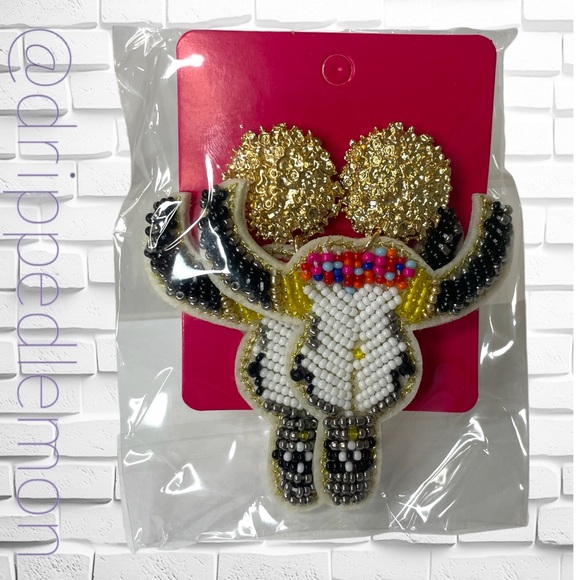 New Big Bull Head Colorful Beaded Dangle Earrings Gold Handmade Women’s Cowgirl - Picture 5 of 6